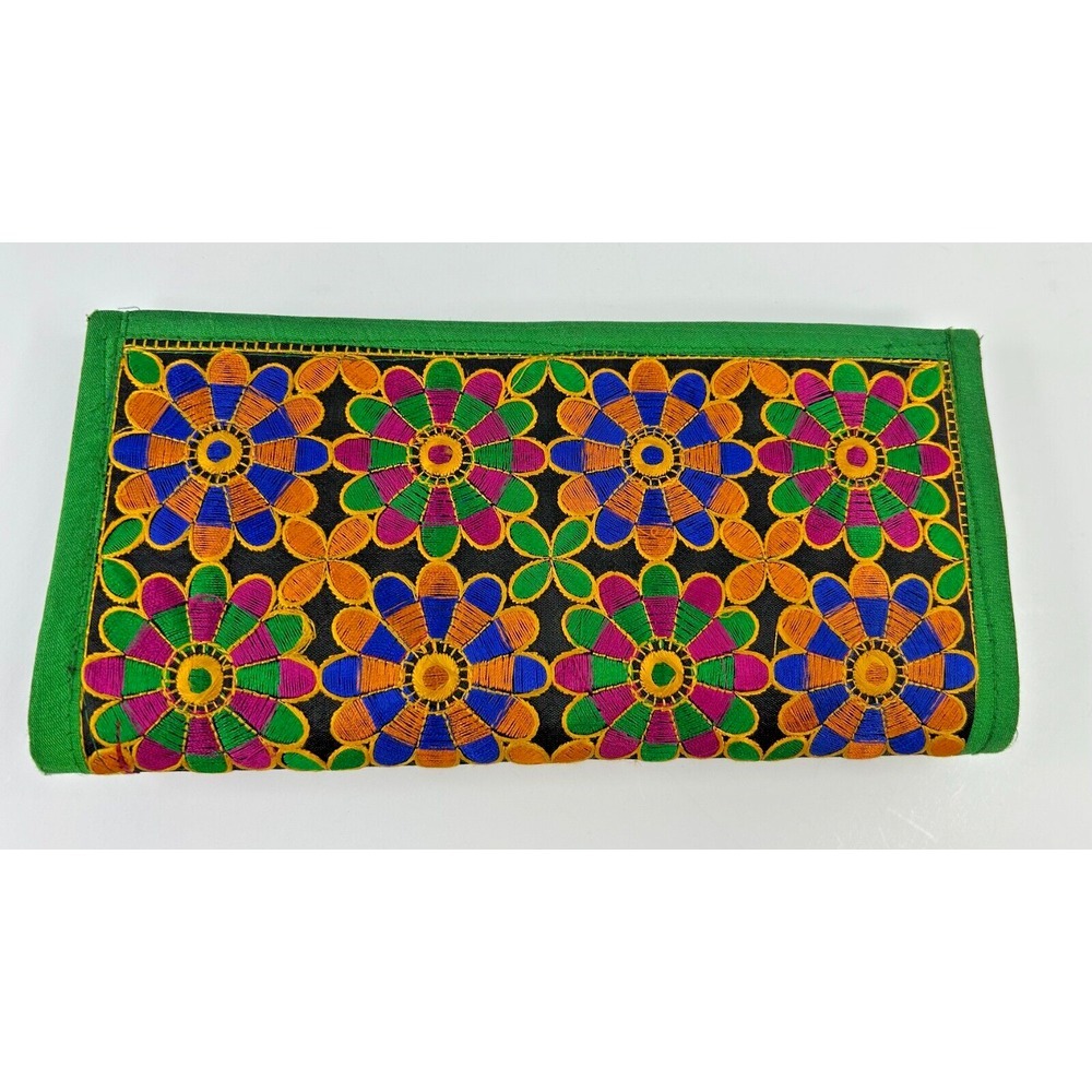 Indian Needlepoint/Embroidered Silk Wallet Clutch Floral 6 Pockets Phone Fits A+